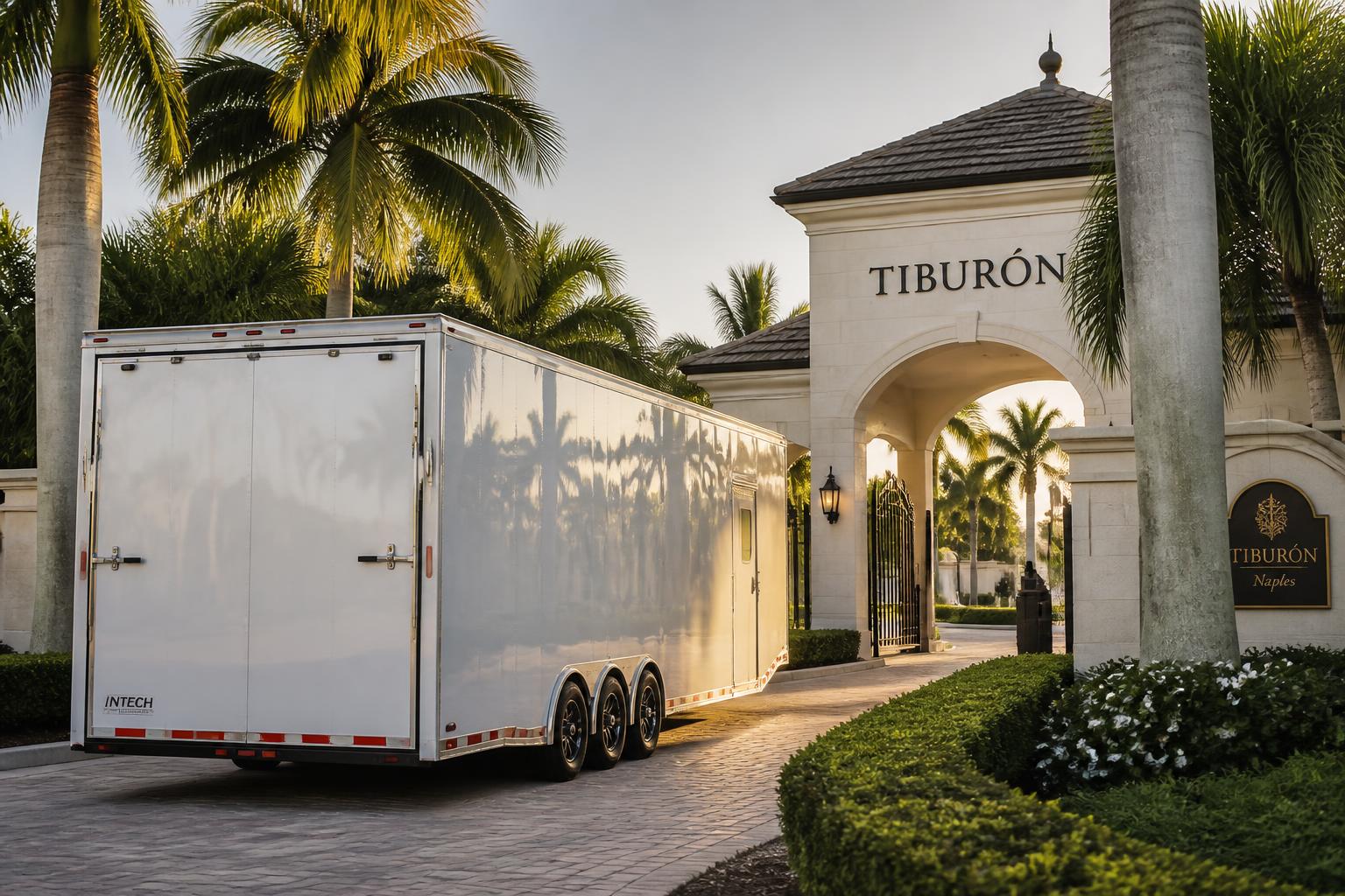 Enclosed transporter at a gated Naples community entrance