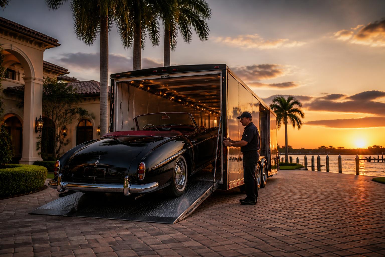 A classic car being loaded onto an enclosed hauler