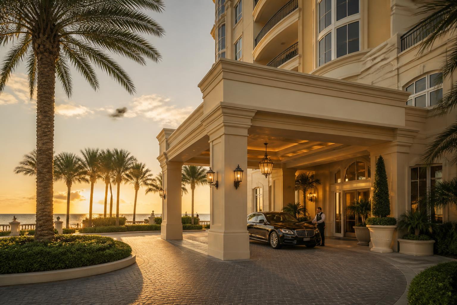 Luxury Naples condominium tower with a vehicle staged at the porte-cochère